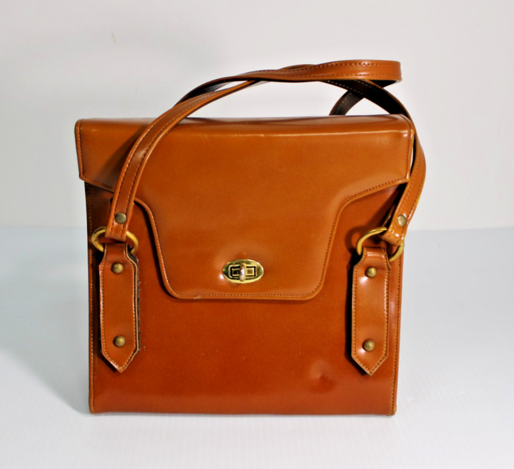 Vintage 1950s 1960s Town & Country Shoes Brown Leather Structured Satchel Bag
